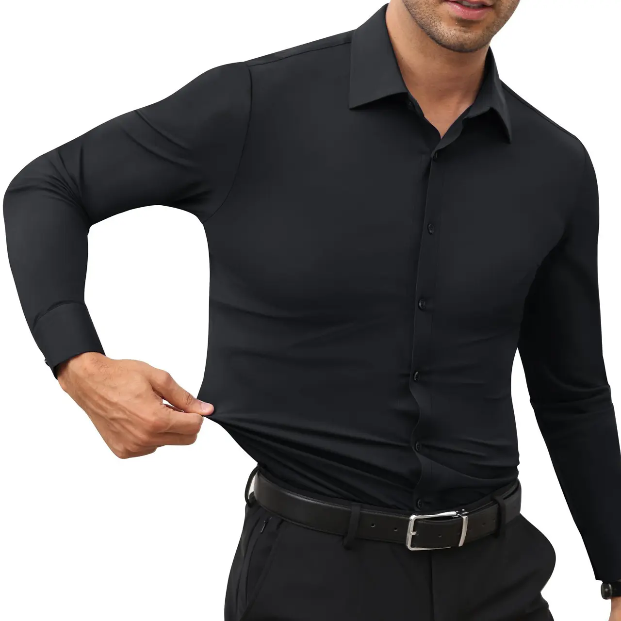 Royaura Men's Super Stretchy Dress Shirt Quick-Drying Breathable Anti-Wrinkle Muscle Slim Long-Sleeved Business Sports Casual Black Top Outdoorfun Beige Fabric,Father's Day Gift Workwear Menswear,Tiktok shop deals,Gifts for him,Valentines day outfit Spri