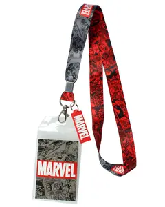 Marvel Lanyard ID Badge Holder, 2" Rubber Charm Pendant With Raised Script And 2 Sided Vintage Comic Strip Pattern