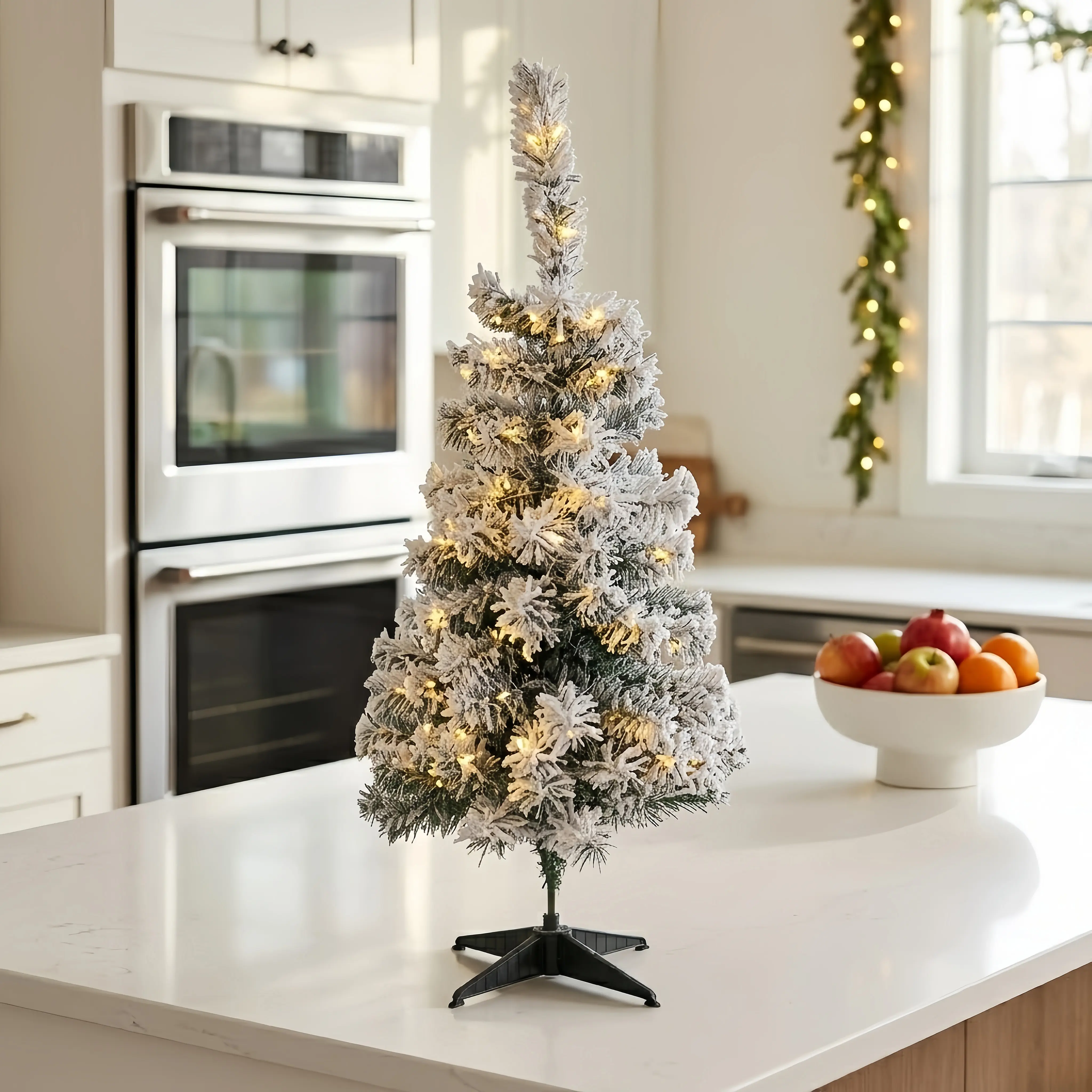 3FT Pre-lit Flocked Christmas Tree with 50 Warm LED Lights & 115 Tips, Mini Tabletop Artificial Tree with Stable 4-Leg Base, Snowy Holiday Decor for Kitchen, Bedroom, Kids Room & Apartment Countdown Ornament homedecor gift