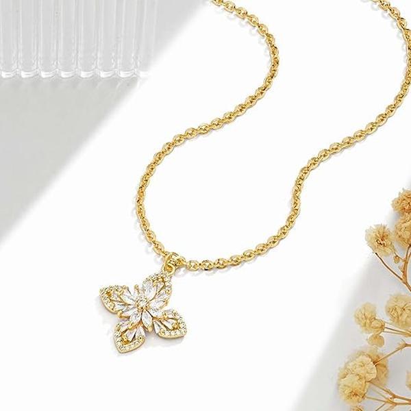 Fettero Gold Plated Marquise Crystal Clover Necklace, Elegant Sparkling Flower Pendant for Women