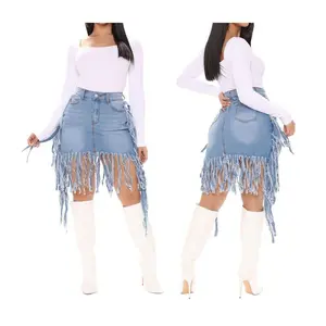 2025 Fashion Trend Sexy Washed Denim Tassel High Waist Skirt