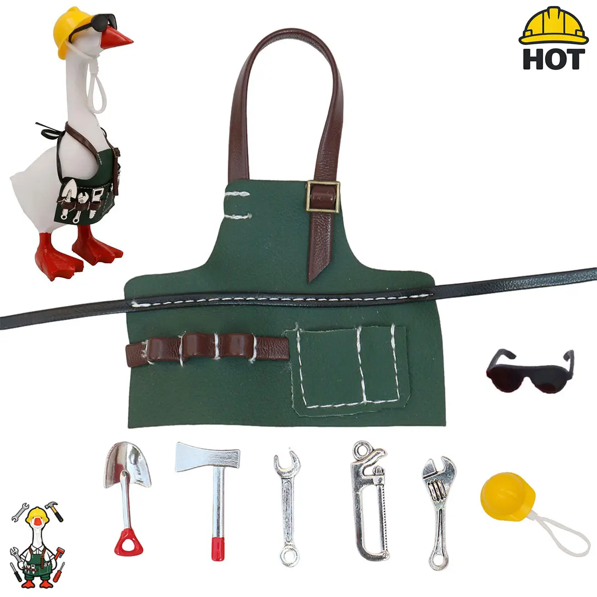 Desktop Goose Outfits 7 Inch Gardener Home Repair Set Mini Tools Hat Apron Clothes Desk Porch Goose Decor Magnetic Desk Goose Outfit Set