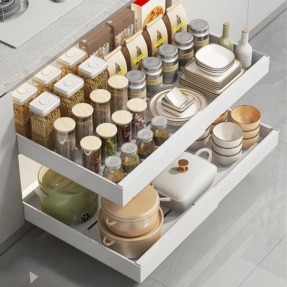 Gaomon Heavy-Duty Carbon Steel Pull-Out Cabinet Organizer, Adjustable Slide-Out Drawers with Adhesive Strip Installation for Kitchen Rack Shelf, Pantry (Large, Black)