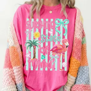 Comfort Colors Sunshine State of Mind T-Shirt, Trendy Summer Coquette Tee, Retro Beach TShirt, Summer Vibes Tee, Colorful Palm Tree Flamingo Sunshine