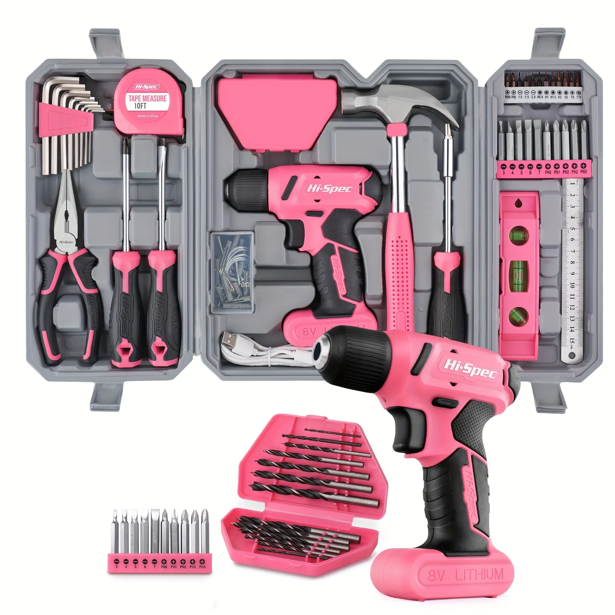 Women's 8V USB Rechargeable Cordless Drill & Tool Kit Set - Electric Power Drill Driver, USB Rechargeable Screwdriver, Compact Grip, Basic Tools, Compact Hand Toolbox, Pink, Screwdriver Bit Clip, Switchable Shape, Ideal for Home Projects, Tool Box, Switch