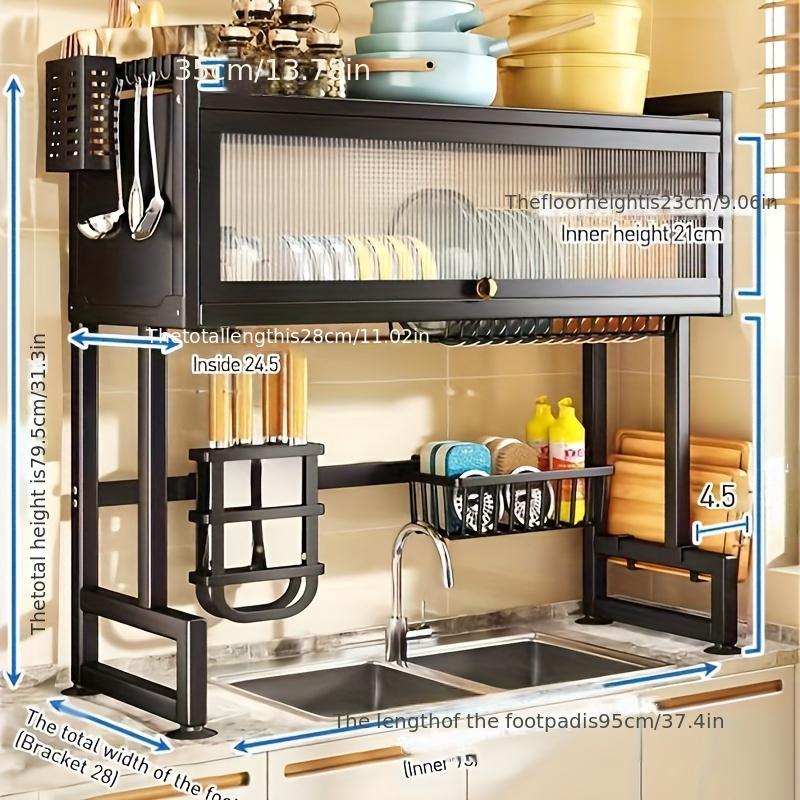 Multi-Functional Kitchen Storage Rack with Cabinet Door Access - Black Metal Countertop Organizer for Dishes, Utensils, and Cookware with Drain Tray, Towel Holder, and Spice Shelf, Sink Storage Solution Functional Kitchen Accessory