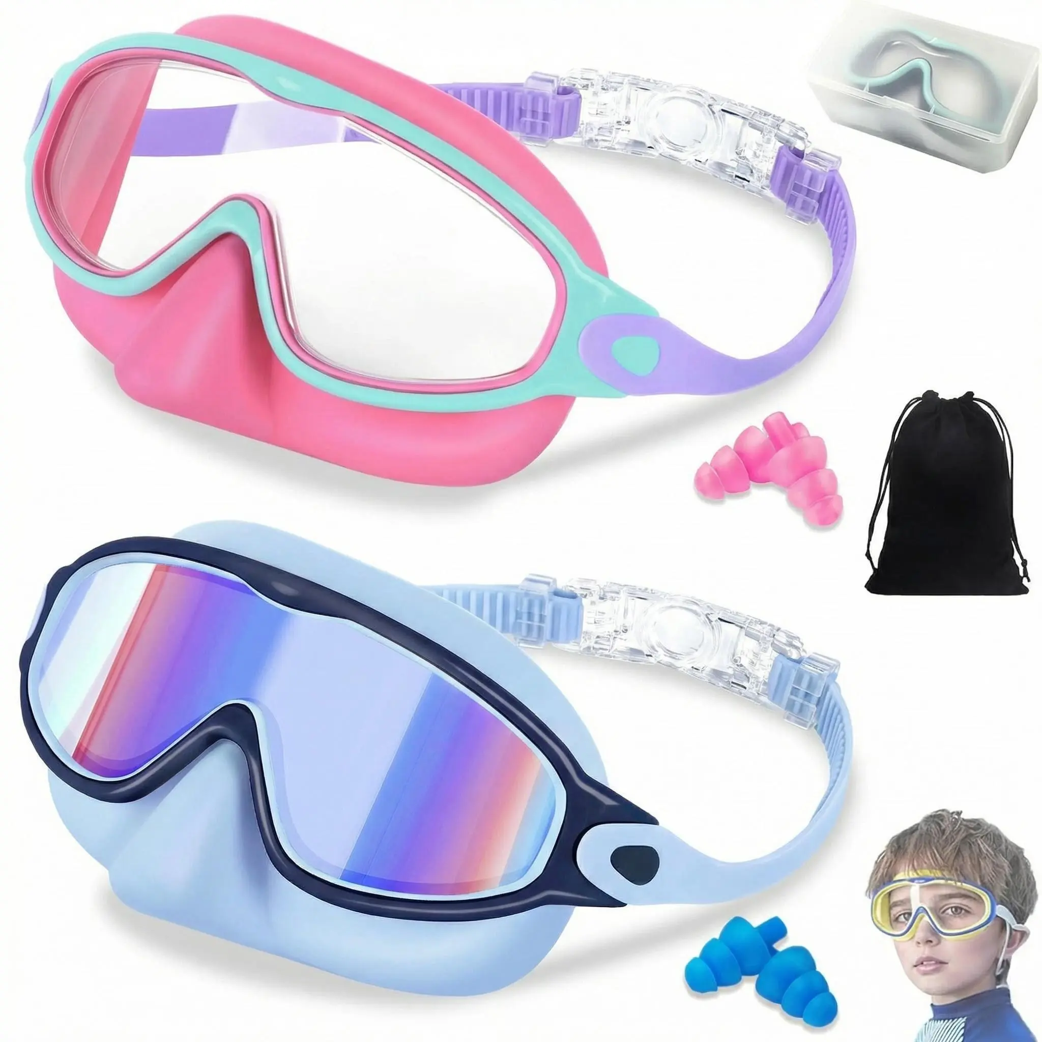 MARISUN 2 Pack Kids Swim Goggles with Nose Cover for 3-15 Anti-UV Anti-Fog Pool Water Swimming Goggles Boys Girls Youth Toddler summerwins tiktokshopbacktoschool
