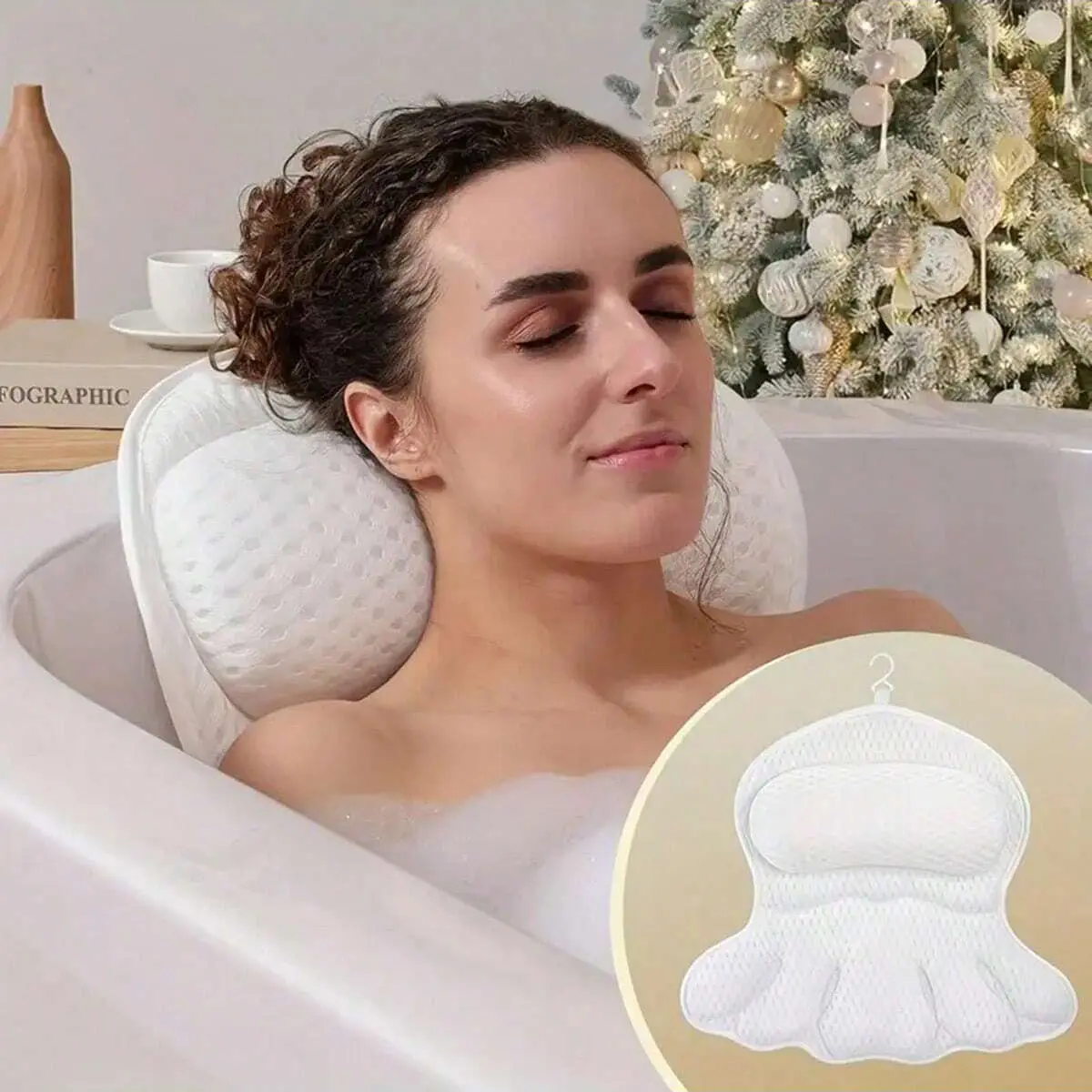 Wave Shape Bath Pillow with 6 Non-Slip Suction Cups, Ergonomic Neck and Back Support, Quick Dry Polyester, Valentine's Gift, Bath Tub Accessories, Bathroom Accessories, Bathroom Gadgets