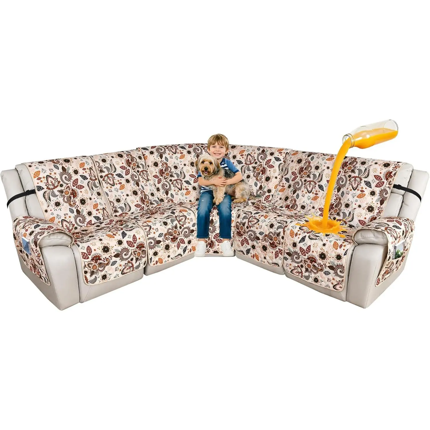 ALIECOM 5-Seat L-Shaped Reclining Corner Sectional Sofa Cover - 100% Waterproof Boho Print Washable Pet Dog Protector Recliner Slipcover (Beige)