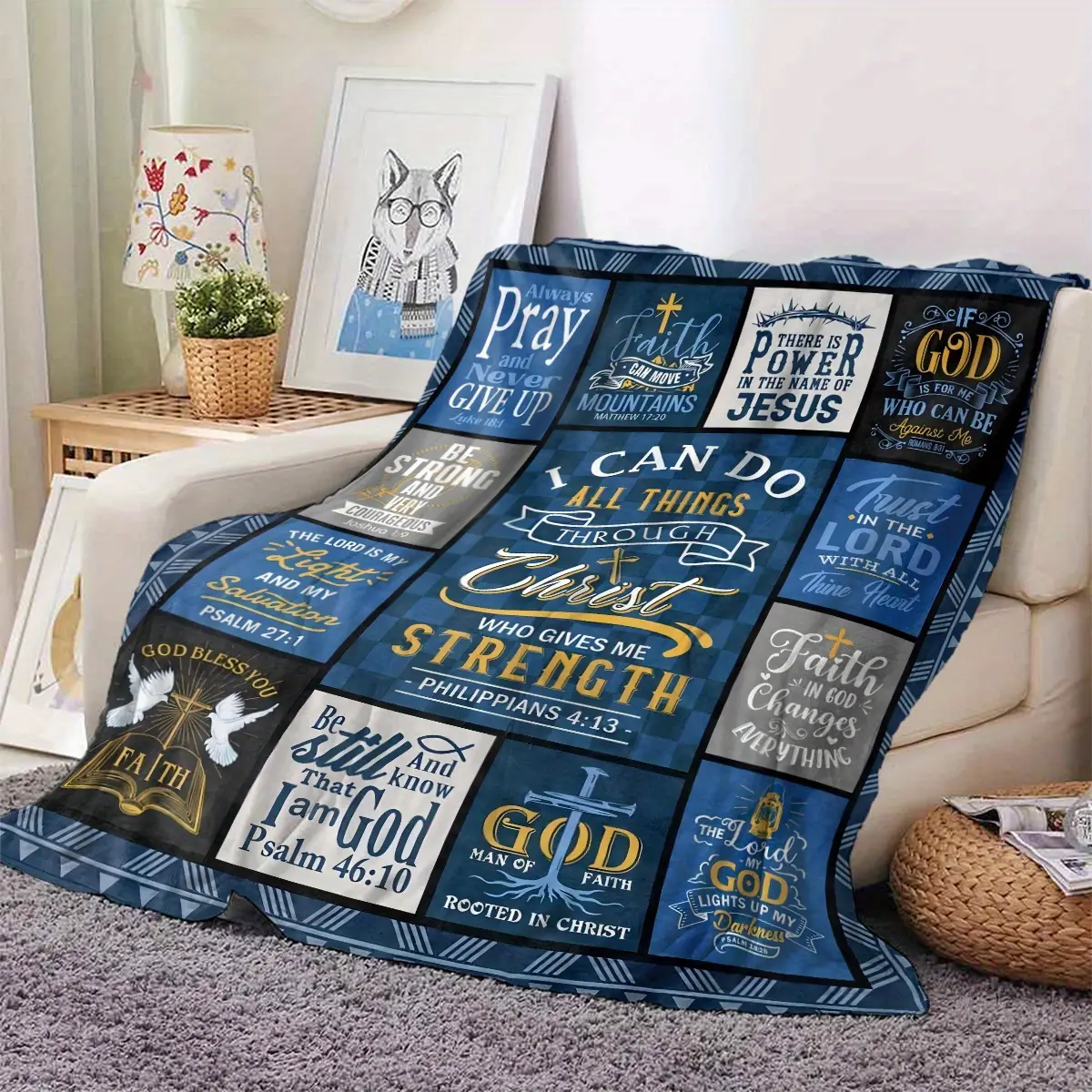 Christian Faith Slogan Print Blanket - 280GSM Flannel Fabric, Contemporary Retro Design, Durable Quilting, Fade-Resistant, Inspirational Scripture Texts, Spiritual Gift for Believers, Bedroom & Home-Office Use