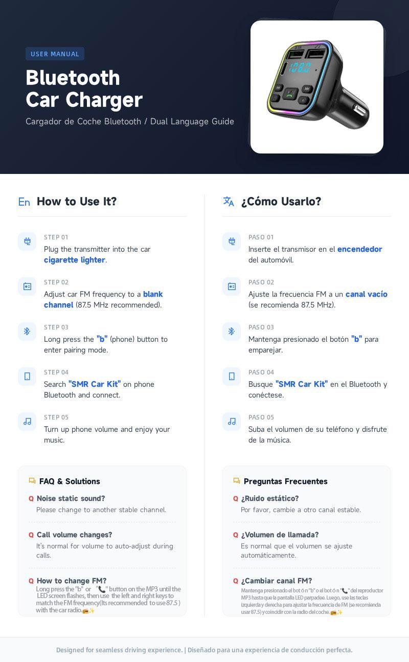 Bluetooth 5.3 Car Adapter Charger 4-Port Fast Charging PD36W QC3.0 18W Wireless FM Transmitter Deep Bass LED Backlit Hands-Free Calling USB Drive Support