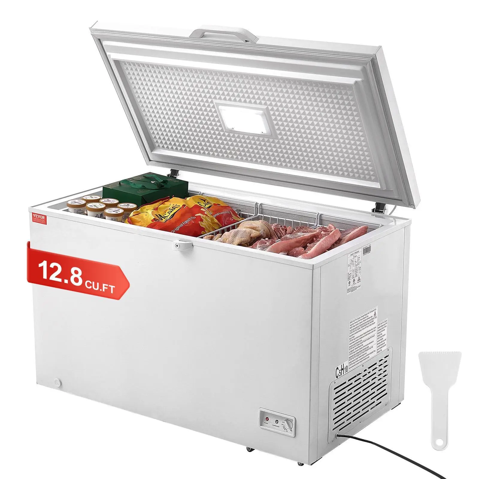 【Fallpicks】VEVOR Superlarge 12.8 Cu.ft/345 L Commercial Chest Freezer, Freestanding Top-Open Locking Lid Unit with 4 Removable Baskets, 7-Level Adjustable Thermostat, LED Lighting, 6 Wheels, Shovel for Restaurants, Commercial Users Deep Freezing Storage