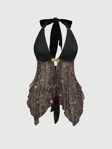 Grunge Punk Summer Music Festival Fashion - Wild Chic Retro Leopard Print With Rhinestone & Metal Chain Halter Neck Tight Asymmetrical Hem Women Tank Top