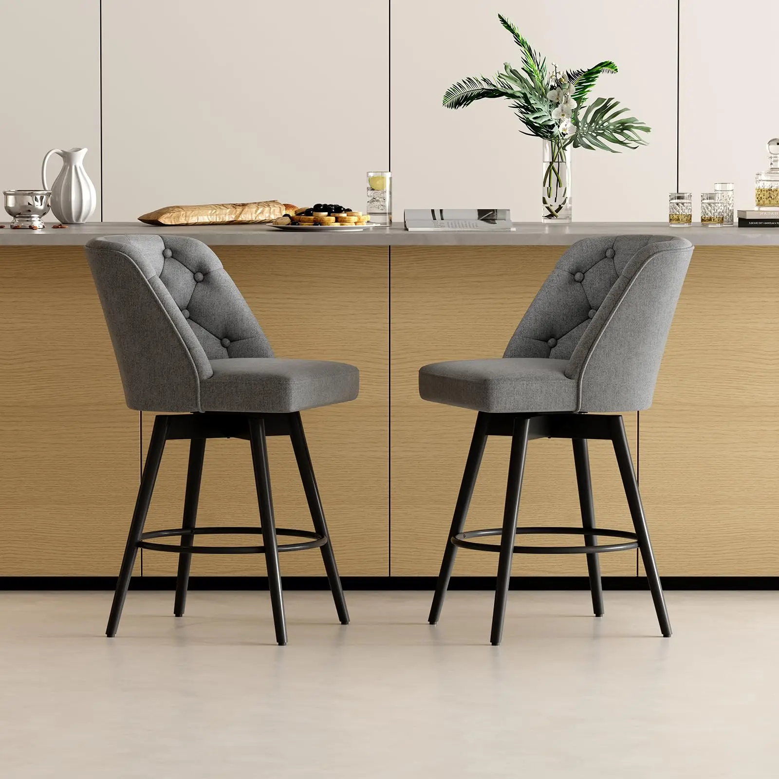 2-Piece Swivel Counter Height Bar Stools - 26'' Modern Linen-Upholstered Swivel Chairs with Backrest, Sturdy Iron Footrest, Ideal for Kitchen Island, Morning Coffee, Entertaining, Easy Assembly Required