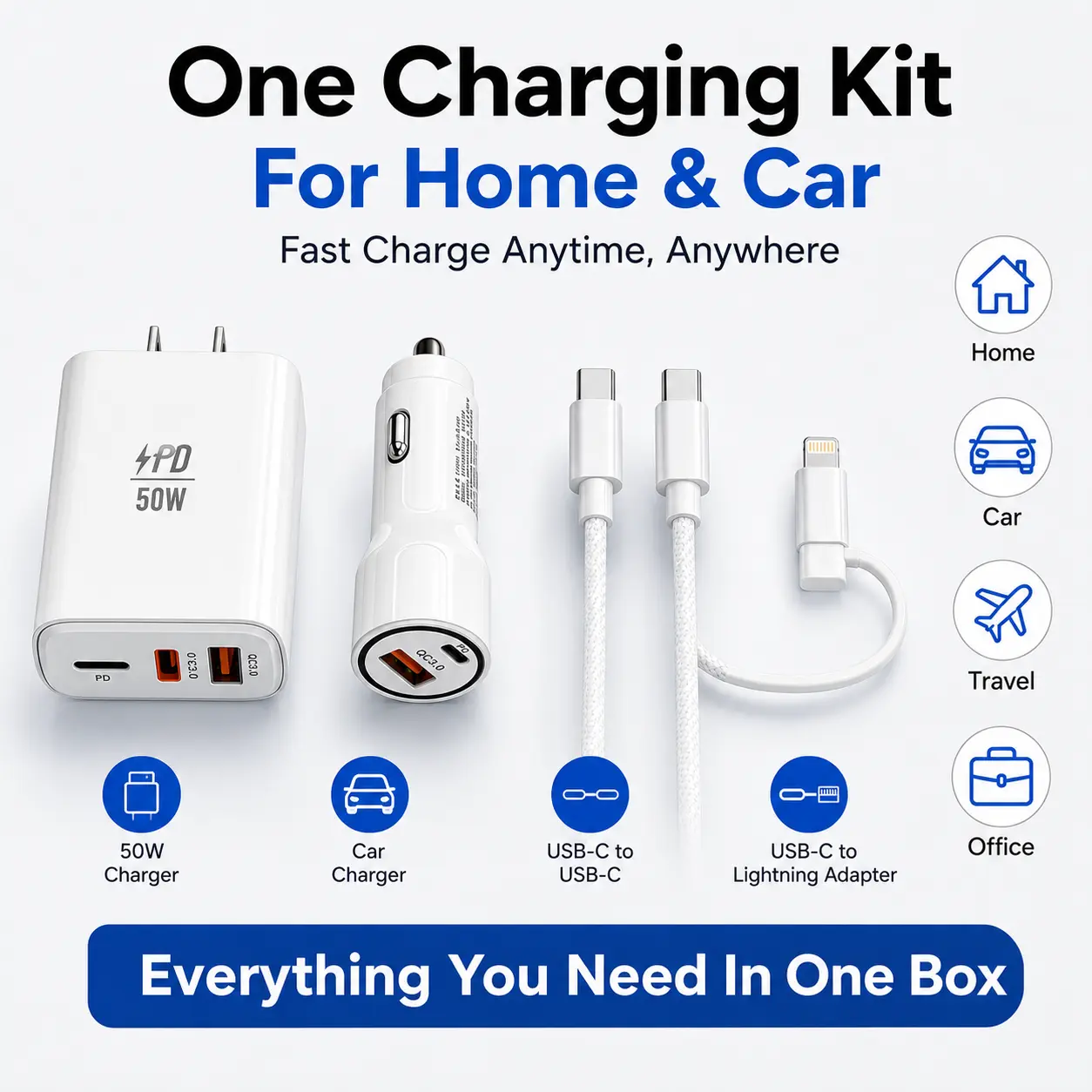 50W PD Fast Charger Kit, Wall Charger & Car Charger with 2-in-1 USB-C Lightning Cable, Dual Port QC3.0 Fast Charging Set for iPhone, Android Phone Tablet, Home Car Travel Office (1.2m)