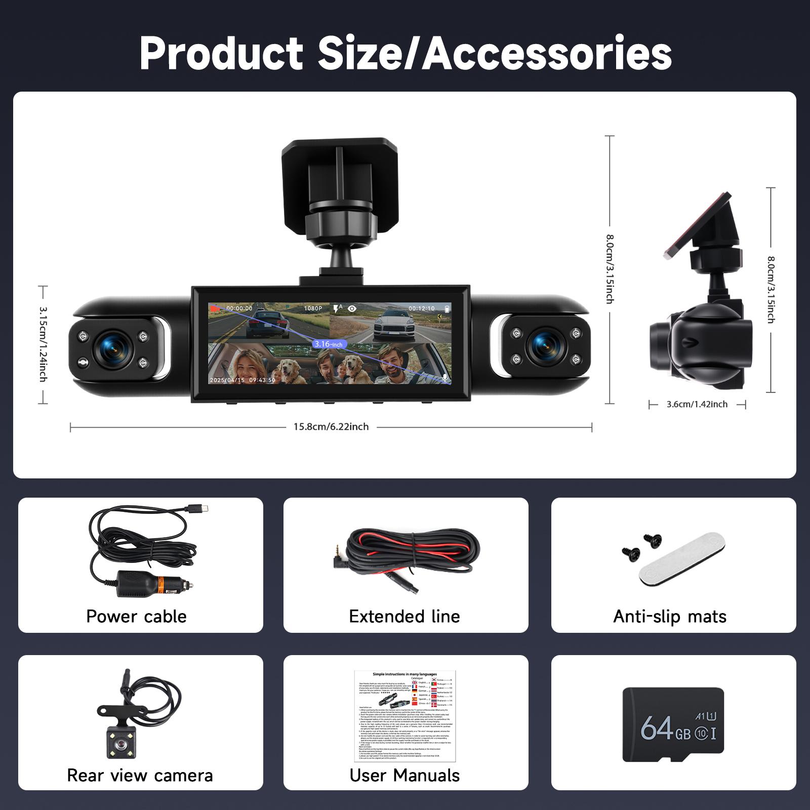 360 Degree View 4 Channel Dashcam, 1 Count Dash Camera for Car, Wide Angle Car Driving Recorder with 8 IR Night-Vision, 3.16 Inch IPS Screen 1080P HD Camera with Dual Lens