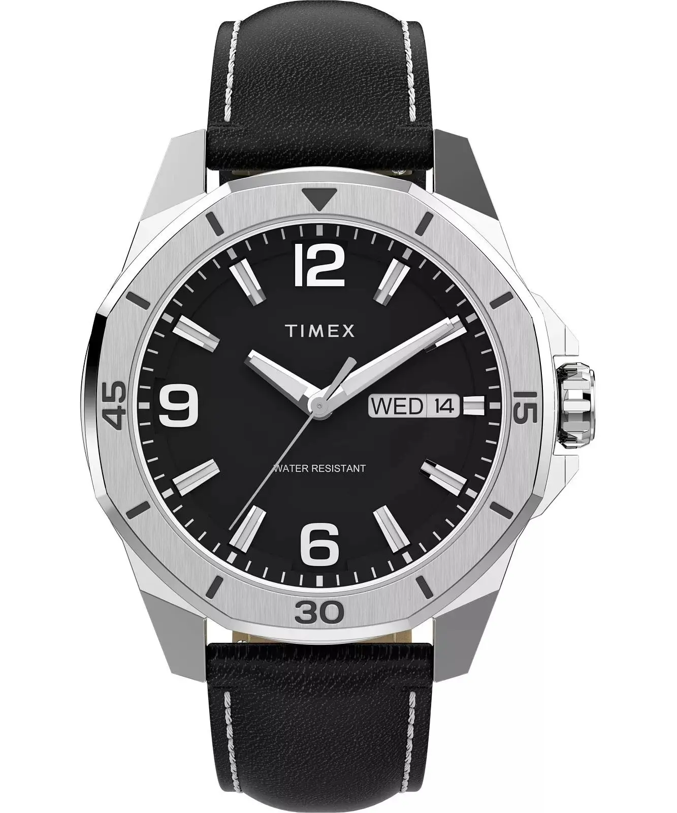 Timex Essex Men's Casual Fashion Watch - 46mm Round Face, Black Dial, Arabic Numerals, Leather Band, Quartz Analog Wristwatch, Day Date Display, Low Lead Brass, Mineral Crystal, Traditional Look TW2W79800