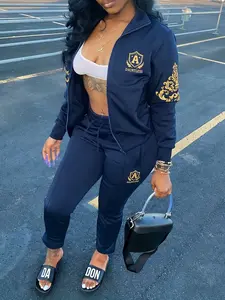 Ladies' casual two-piece set, featuring a zippered jacket and pants, is ideal for everyday wear and comfortable for daily activities