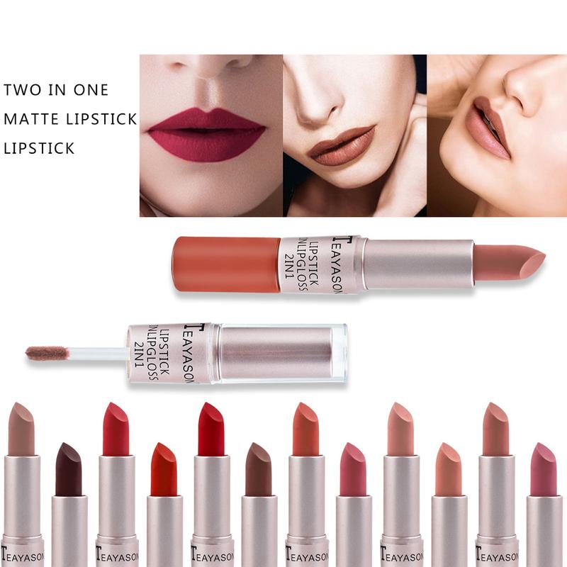 2 in 1 Velvet Matte Lipstick & Lip Gloss SetDouble Head Design Finish Non-Stick Cup NotFade Nude Color Lipgloss Stain Makeup LongLasting Waterproof Gloss