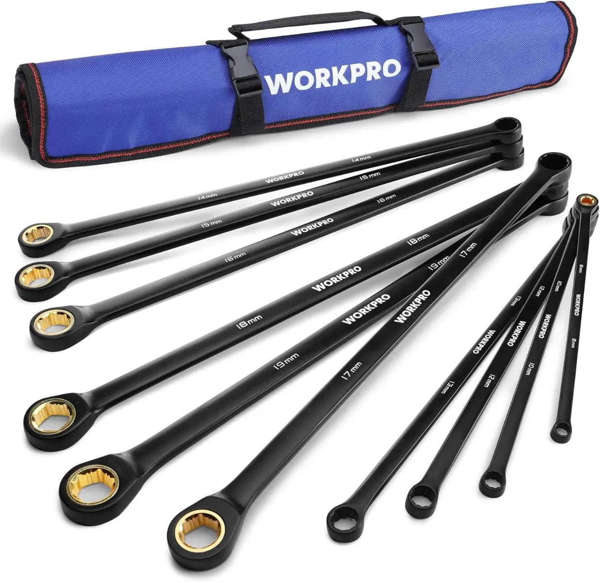 #BacktoSchool WORKPRO Extra Long Ratcheting Wrench Set, 10-Piece Anti-Slip Double Box Wrenches Set, Metric 8-19 mm, 72-Teeth, Cr-V Steel and Black Electrophoretic Coating Wrenches with Rolling Pouch