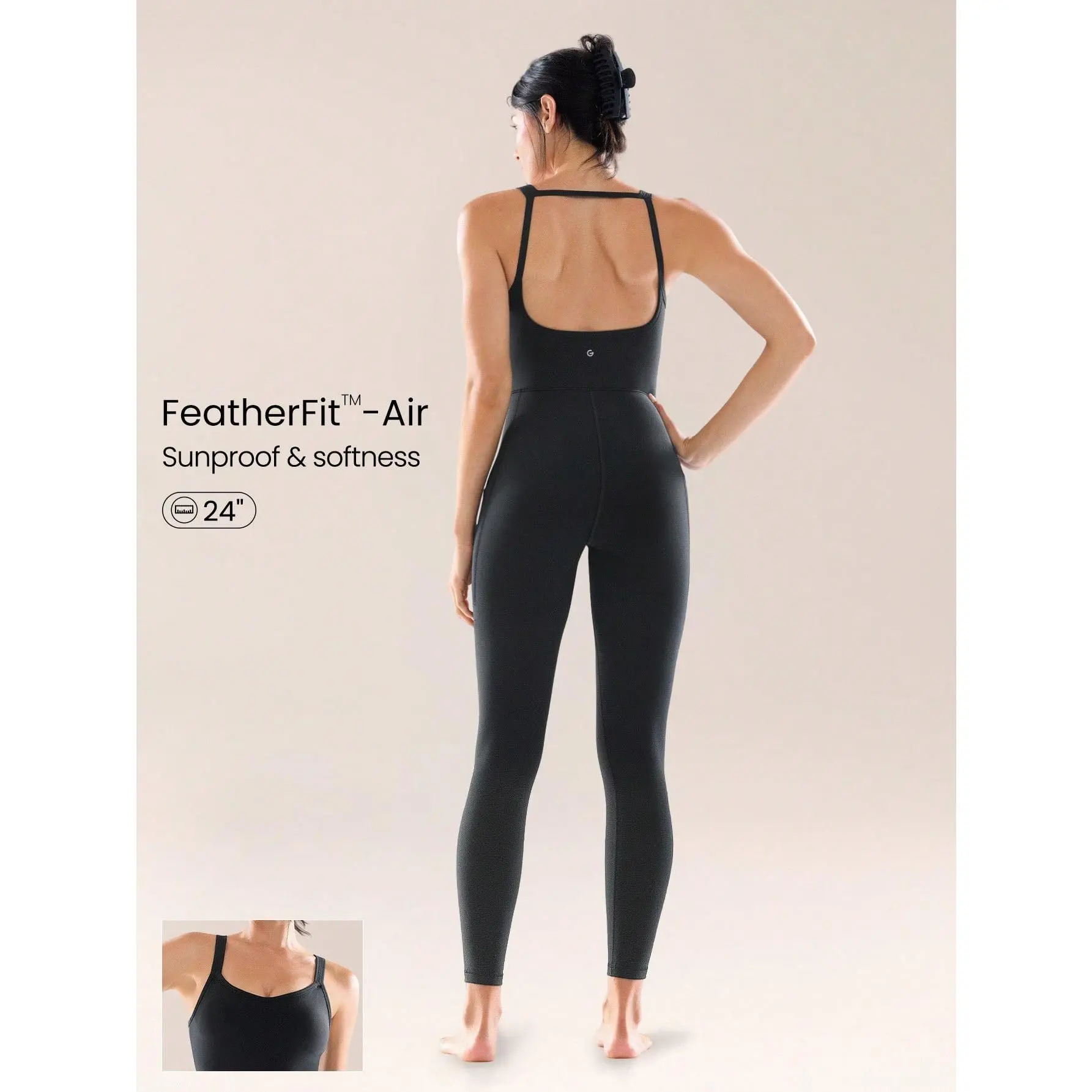 GLOWMODE 24" FeatherFit-Air Feel Good Moves Buttery-Soft Stretchy Sweat-Wicking Removable Cups Side Pockets Open-Back Bodysuit Low Impact Yoga Gym Studio Daily Casual Wear