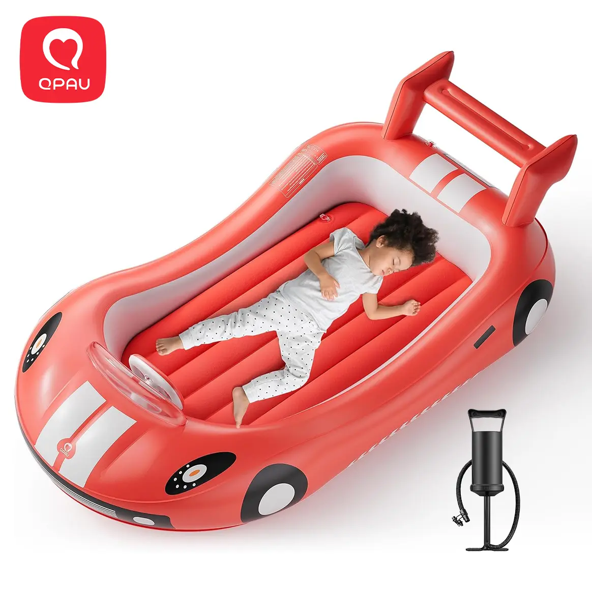 QPAU Inflatable Kids Travel Bed, Toddler Airbed with Sides, Hand Pump Included, Portable Racing Car Design, Safe Materials for Camping, Traveling Hotel Home Use Self Inflating Bed Quick Inflate homeessentials
