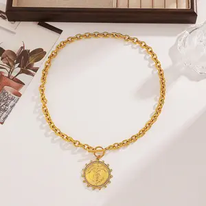 Limited Edition Twilight of Gods Heavyweight Rolo Chain & Angel Relief Medallion Statement Necklace with Vintage Coin Pendant