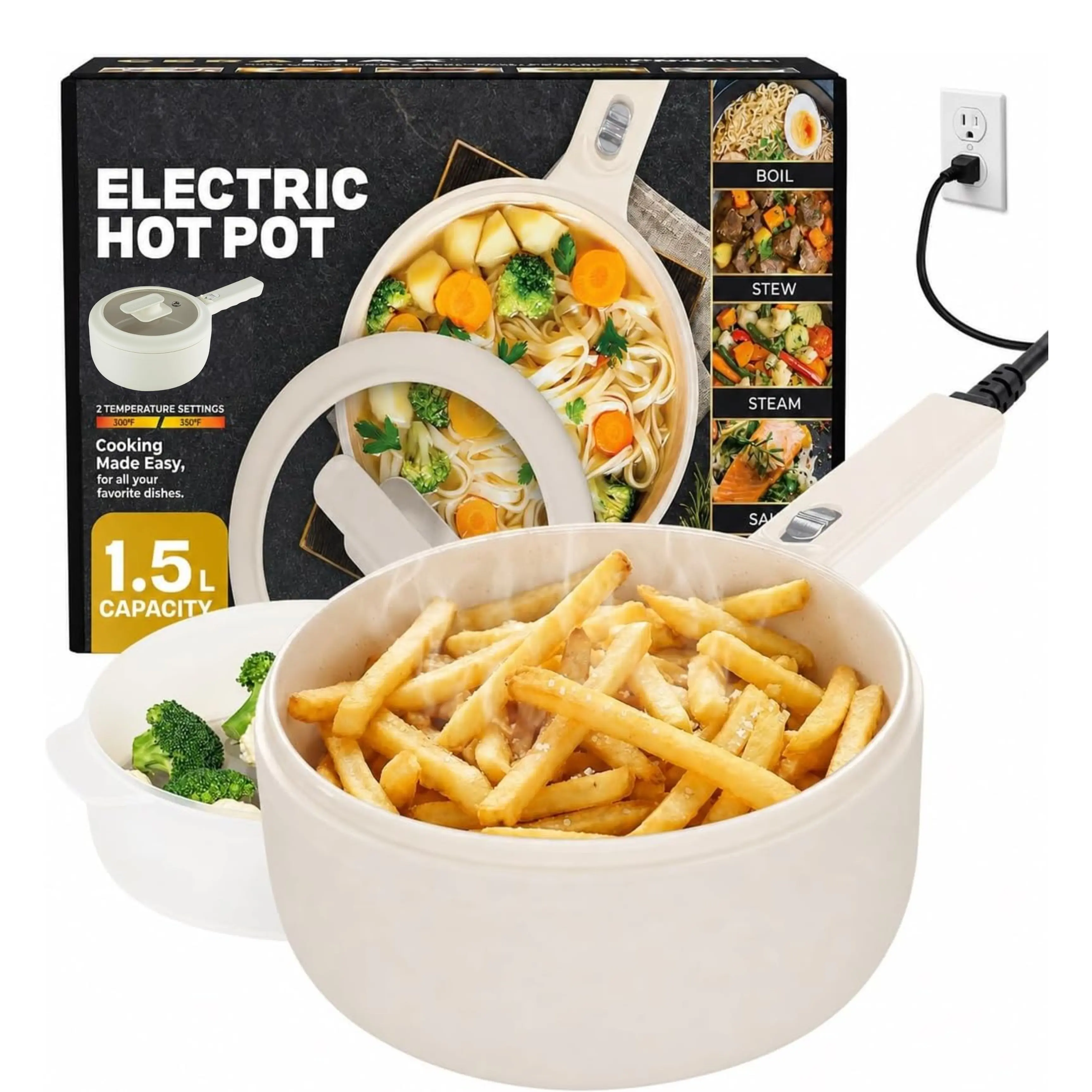 1.6L Round Ceramic Electric Hot Pot - Non-Stick Sauté Pan with Lid, Plastic Steamer & Spatula, All-in-1 Rapid Cooker with Power Adjustment, for Simmer, Fry, Dorm Use, 2026 New Kitchen Appliance