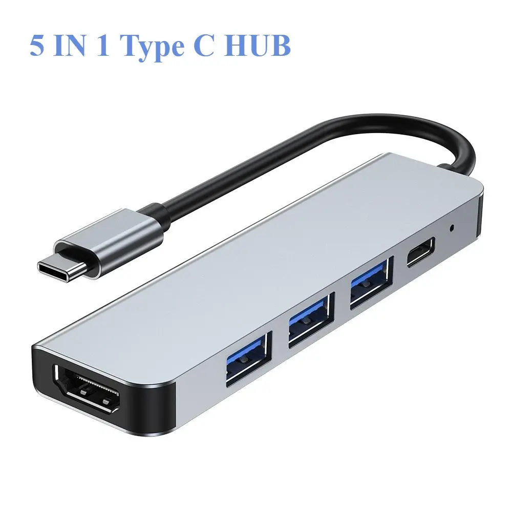 Multi-Function Adapter (5-In-1/4-In-1), USB C Hub, 1x 4K HDMI, 3x USB Ports, Type-C 100w Fast Charging, Multi-Port Charger for Laptops and Tablets