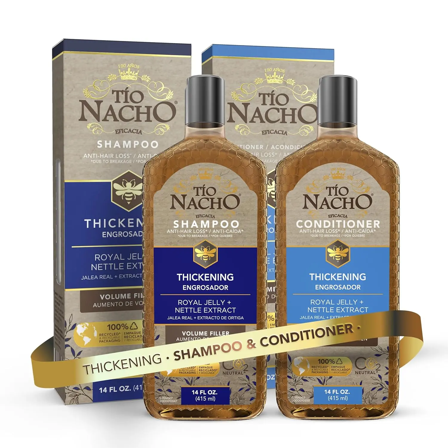 Tio Nacho Capilgross Thick Haircare Set - Unisex Gentle Cleanser Shampoo & Conditioner with Royal Jelly, Nettle, Ginseng, Reduces Hair Loss, Strengthens, Nourishes, Volumizes - 14 fl oz, Anti-Hair Loss, Normal, Shiny Hair