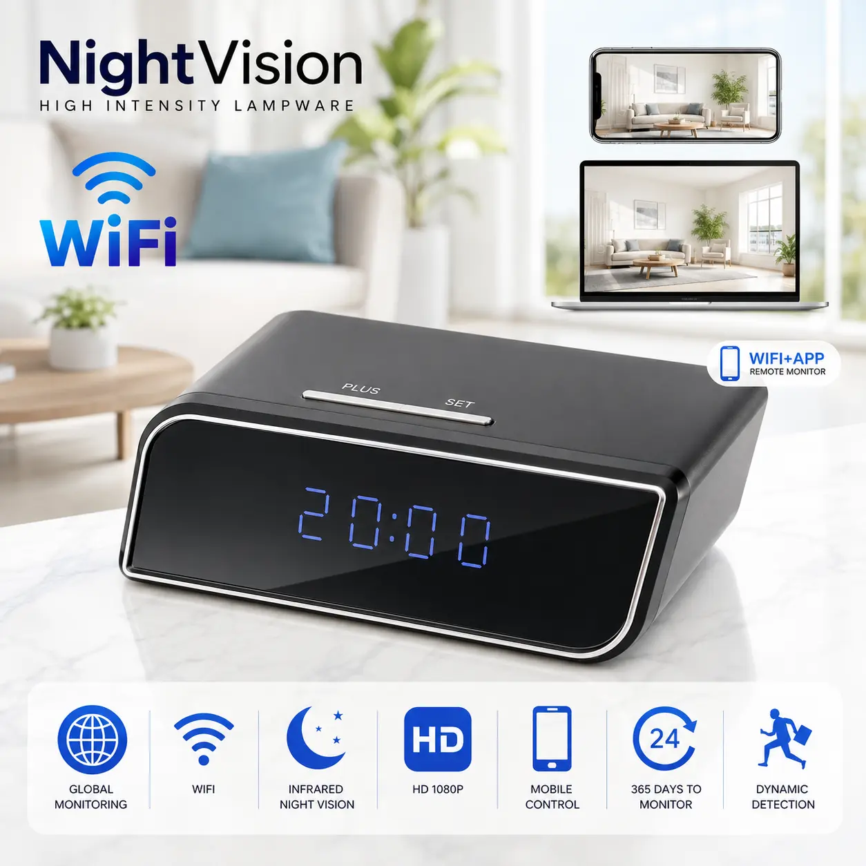 Clock Camera 1080P Clock Camera with WiFi Remote View & 2600mAh Battery | Night Vision for Clear Dark Footage, Local Storage, Motion Alerts via App, Smart Home Monitor, No Audio