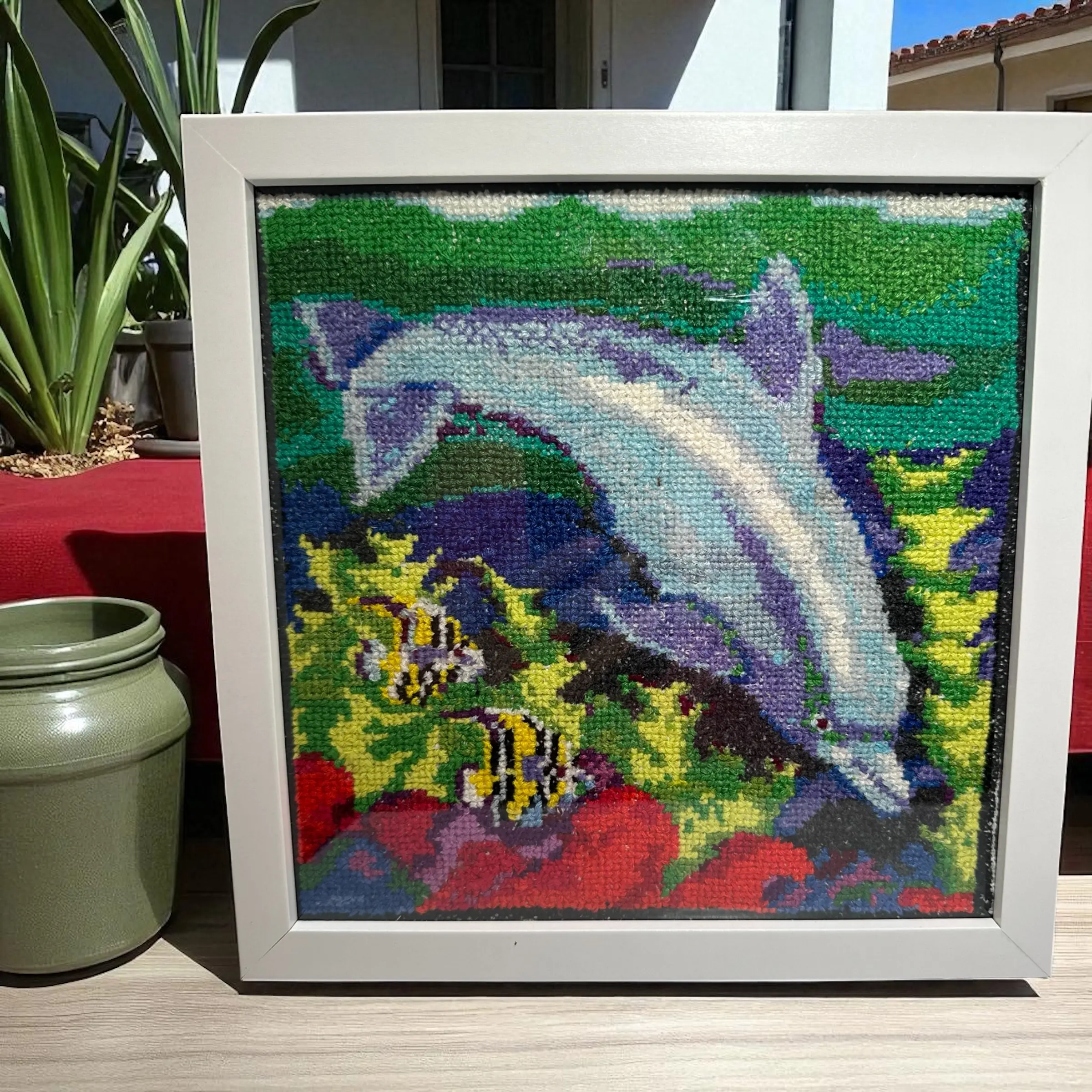 Embroidered Picture Playful Dolphin Acrylic Hand-Stitched Artwork 9x9 Inches Framed Wall Decor for Kids Room