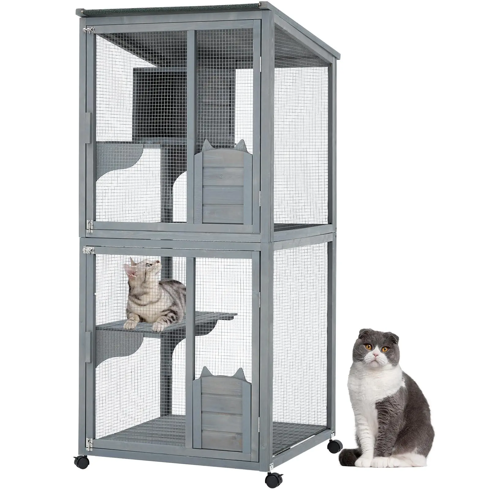 69" Wooden Catio Outdoor-Indoor Cat Enclosure - 37x34x69 in, 4-Tier Design, Waterproof Roof, Resting Boxes, Movable and Fixable Wheels, Friendly & Secure Lockable Doors, Wood, Yard