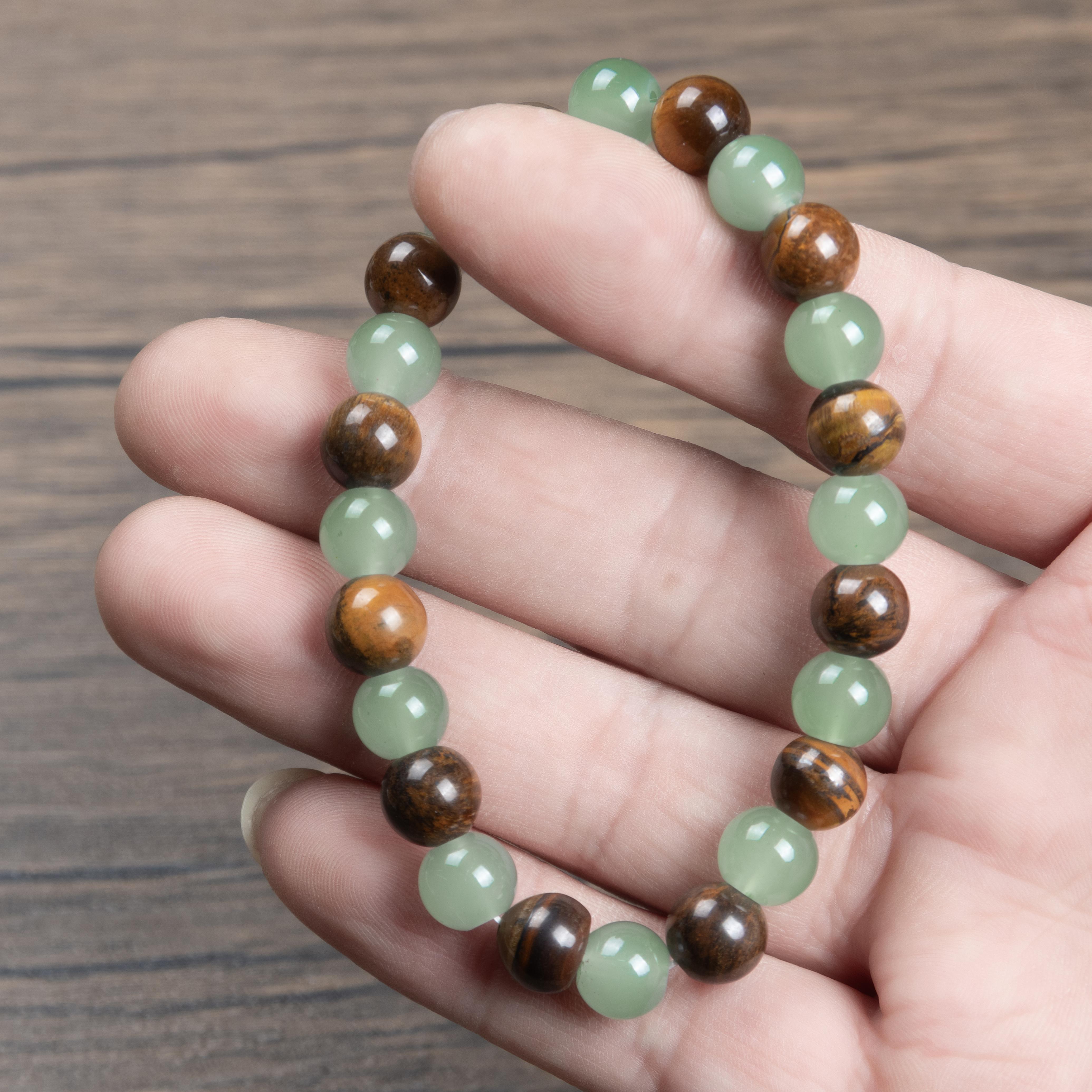 Money Bracelet with Green Aventurine & Tiger Eye, Natural Crystal Beaded Bracelet for Wealth Luck Protection Gift