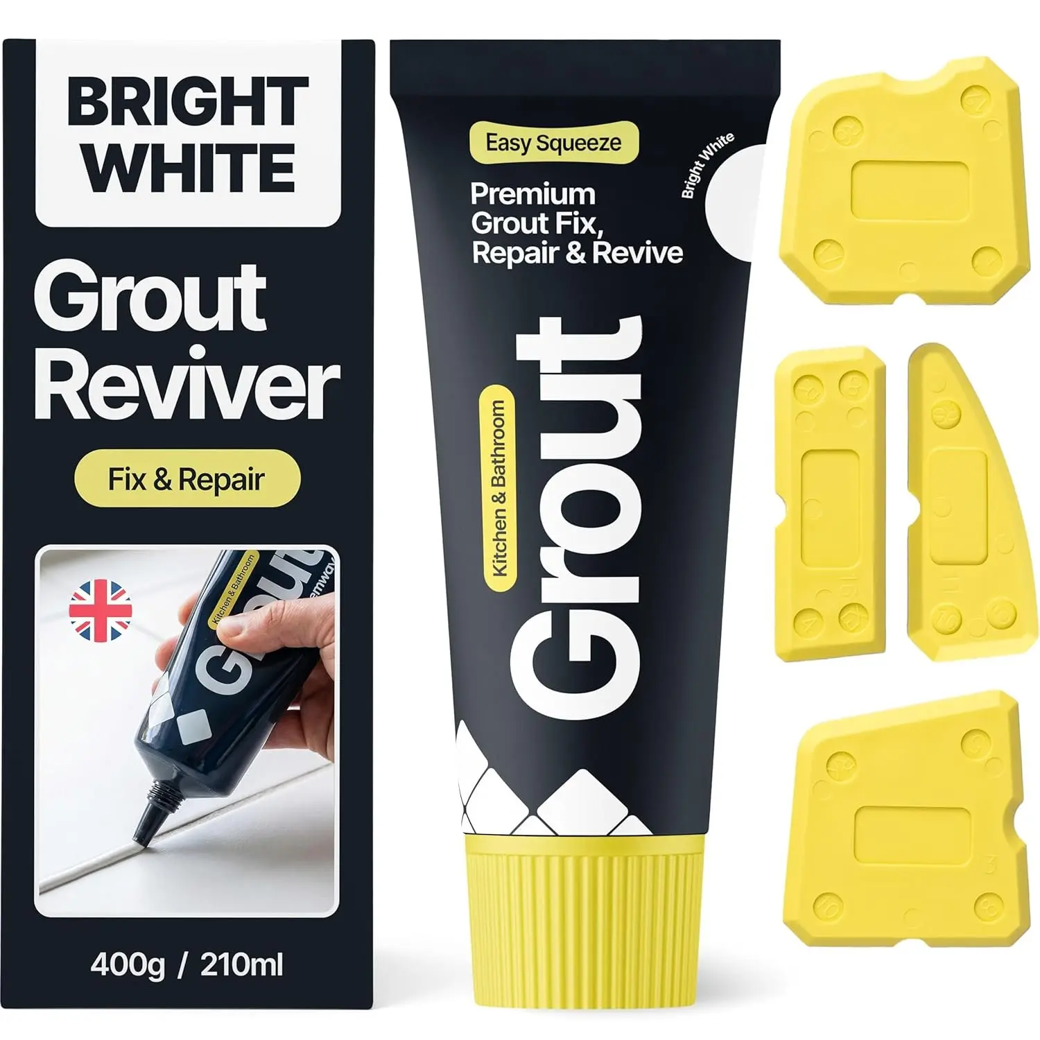 Bright White Grout Reviver Kit | Ready Mixed Grout Repair 400g / 210ml with 4 count Profiling Tool Kit | Wall & Floor Tile Adhesive, Kitchen Bathroom Shower,  Drying