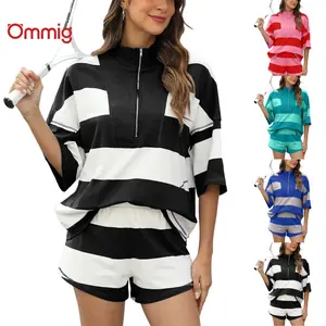 Ommig Womens 2 Piece Lounge Set Stripe Half Sleeve Oversized Shirts Shorts Summer Two Piece Workout Sets