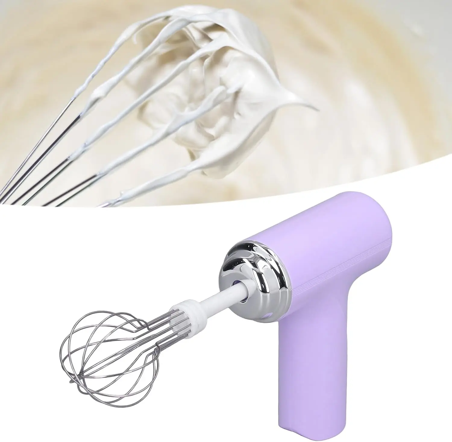 Cordless Electric Egg Beater - 3-Speed Gear Hand Mixer with 2 Metal Whisks, Small Size, Multi-Angle Stirring for Whipping Cream, Butter, Egg Liquid, Jam (White/Purple)