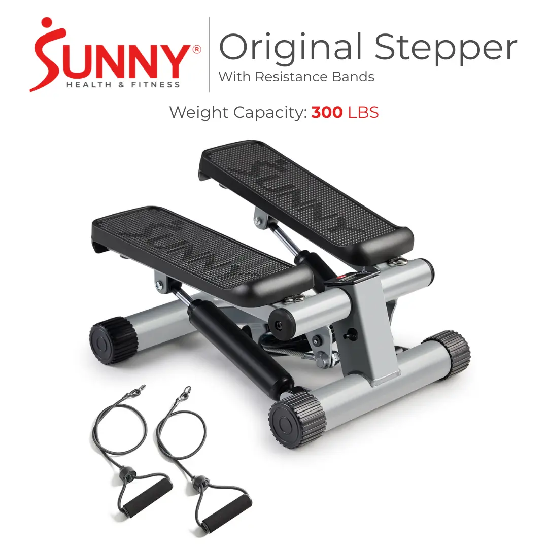SUNNY Original Mini Stepper with Resistance Bands Whole Body Workout Home Gym Fitness Equipment Quiet Hydraulic Drive Compact Cardio Exercise Machine for Legs Glutes Core and Upper Body 300 lbs Capacity