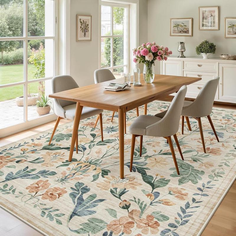 Lagre Boho Living Room Rug Soft Non-Slip Thin Carpet Indoor Floor Non-Shedding Neutral Floral Carpets for Bedroom Dining Room Farmhouse Nursery Washable Rug