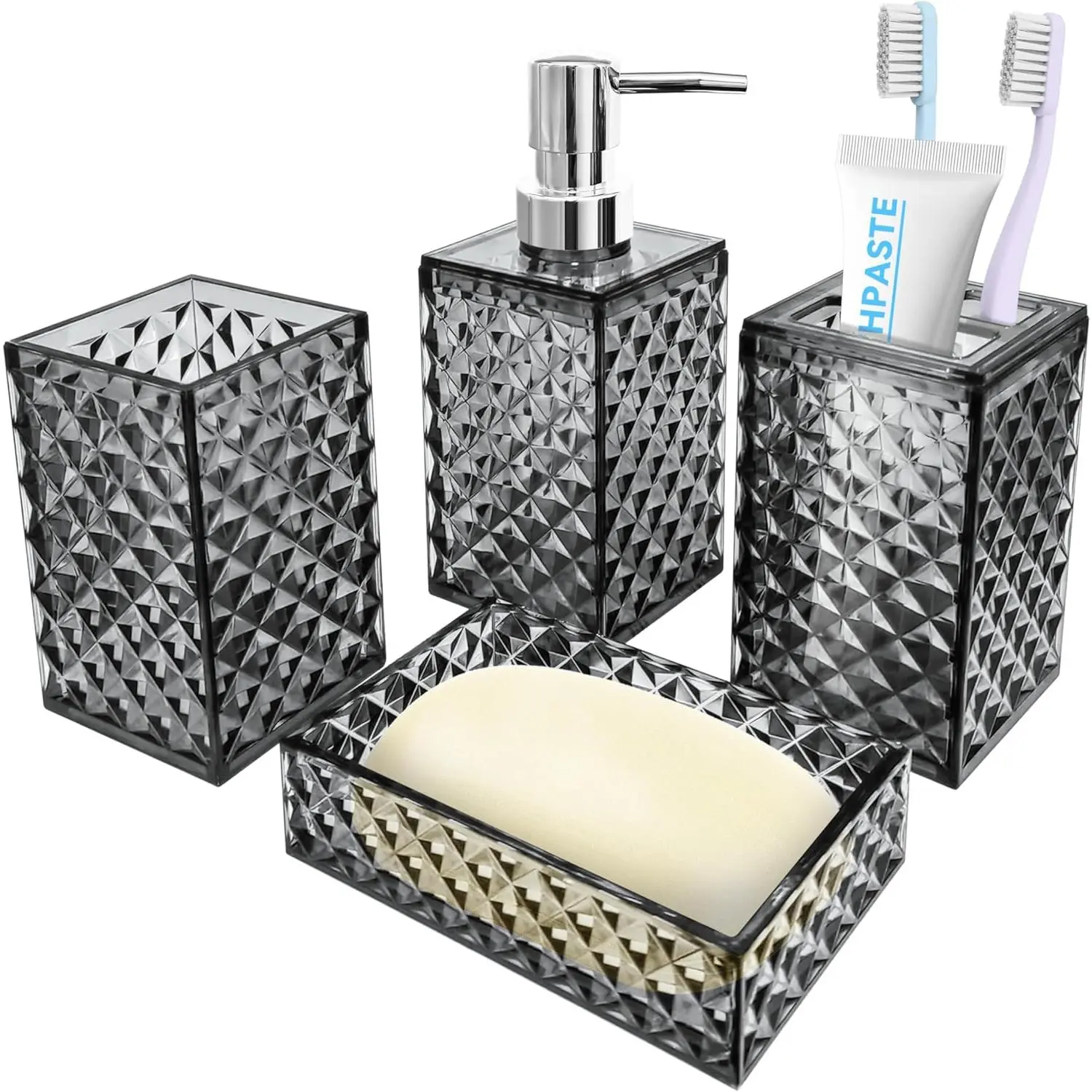 Bathroom Accessory Set, 4 count Grey Bathroom Accessories Set, Soap Dispenser and  Holder Set, Soap Dish and Mouthwash Cup, Boho Bathroom Decor, Plastic Bathroom Sets Accessories