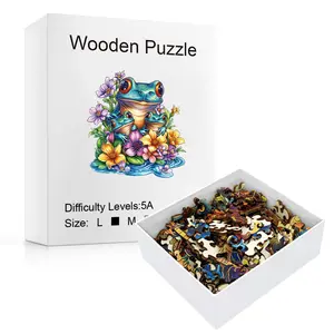 Frog Family Floral Wooden Puzzle L Size 200 Pieces Unique Irregular Animal Shapes Creative Birthday Gift for Adults Kids Family Game Natural Material Smooth Edge Home Decor