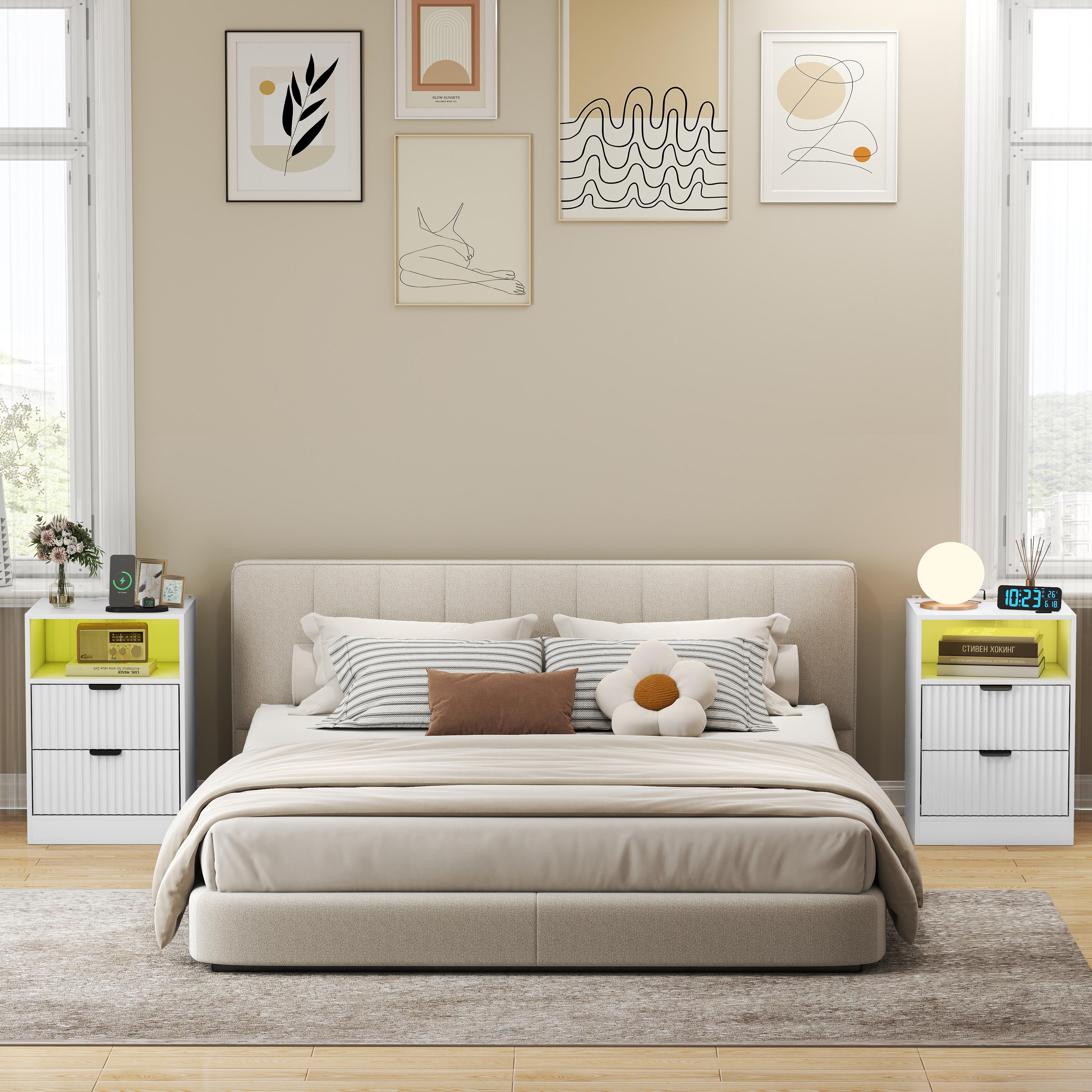 Night Stand Set 2, LED Nightstand with Charging Station,Wood Side Table,Fluted NightStands with 2 Drawers, End & Bedside Tables for Bedroom Sofa Office,Natural Oak