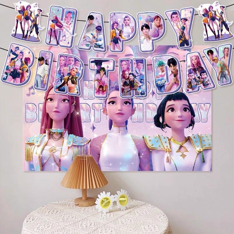 Kpop Birthday Party Decoration Set – Anime Demon Hunter Girls -Inspired Backdrop Banner, Balloons & Cake Toppers | Cool K-Pop Theme Party Supplies for Fans, Kids & Teens, Perfect Gift for K-pop Hunter Lovers