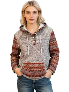 Women’s Half Button Western Aztec Hoodie - Tribal Print Vintage Long Sleeve Drawstring Hooded Sweatshirt, Relaxed Fit, Soft Material, Versatile Casual Wear for Daily Use & Retro Style Lovers