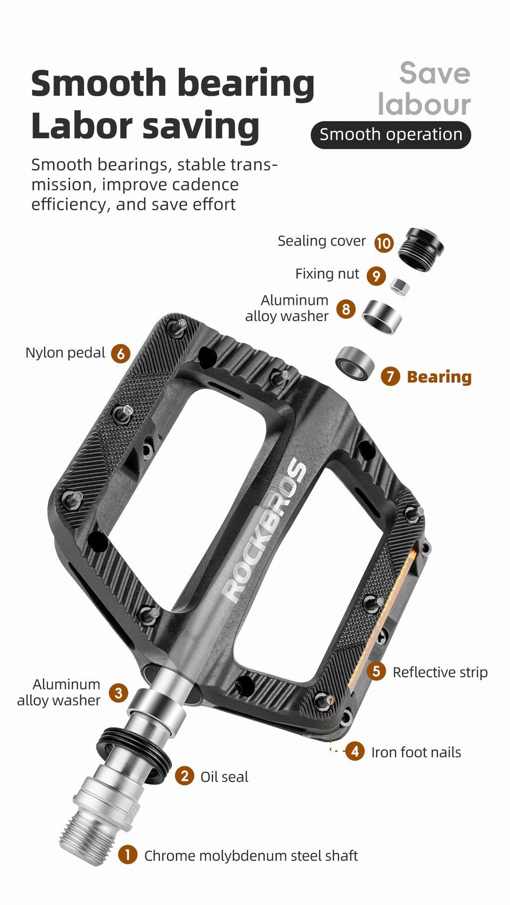 ROCKBROS Bicycle Nylon Pedal Effort-Saving MTB Road Bike Folding Bike Pedal Lightweight Single Bearing Stable Cycling Pedal Bicycle Parts