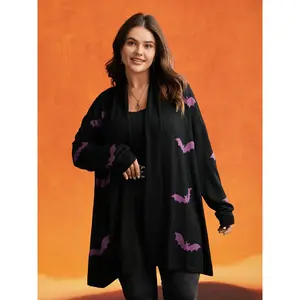【Oversized】Bloomchic Supersoft Essentials Halloween Bat Pattern Lapel Collar Cardigan