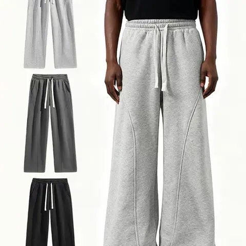 Men's Baggy Fleece Sweatpants - Thermal Lined Cotton, Skin-Soft Fabric, Drawstring Waist, Wide-Leg Drape, Relaxed Look, Machine Washable, Light Gray/Dark Gray/Black, All Seasons Menswear Bottoms for Fall & Winter Daily Wear