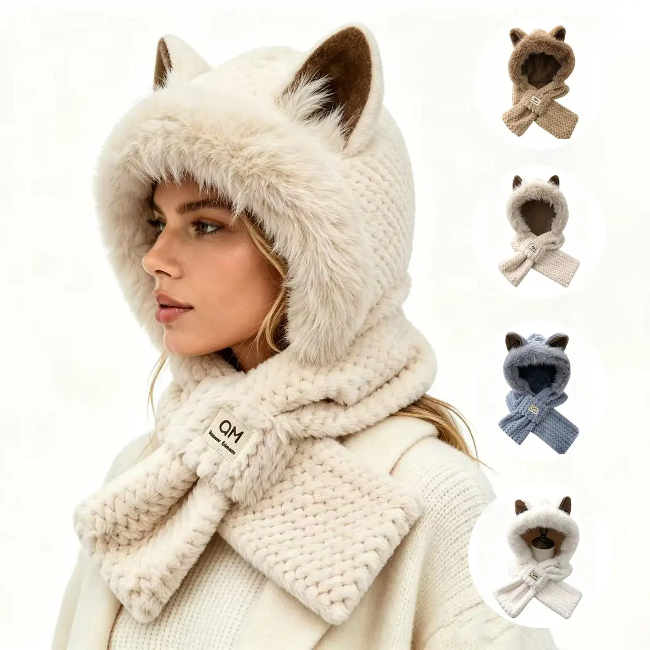 Women’s Cute Cat Ear Warm Hat - Soft Faux Fur Hooded Scarf with Elastic Neck, Solid Color Winter Neck Accessory for Females
