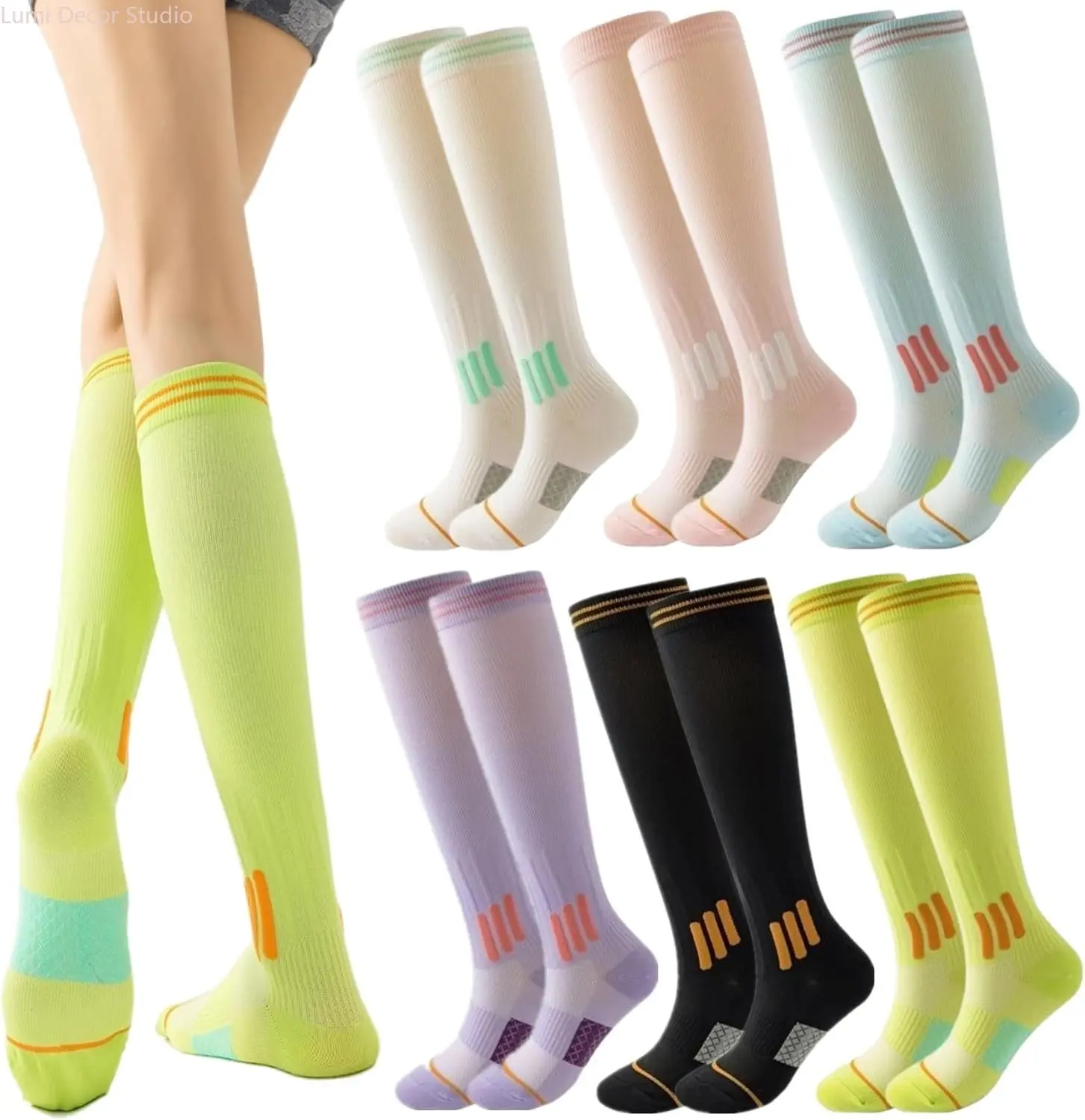 MICBAM Women's 6-Pack High-Performance Sports Compression Socks - Knee-High Support for Travel, Running, High-Performance Sports Socks