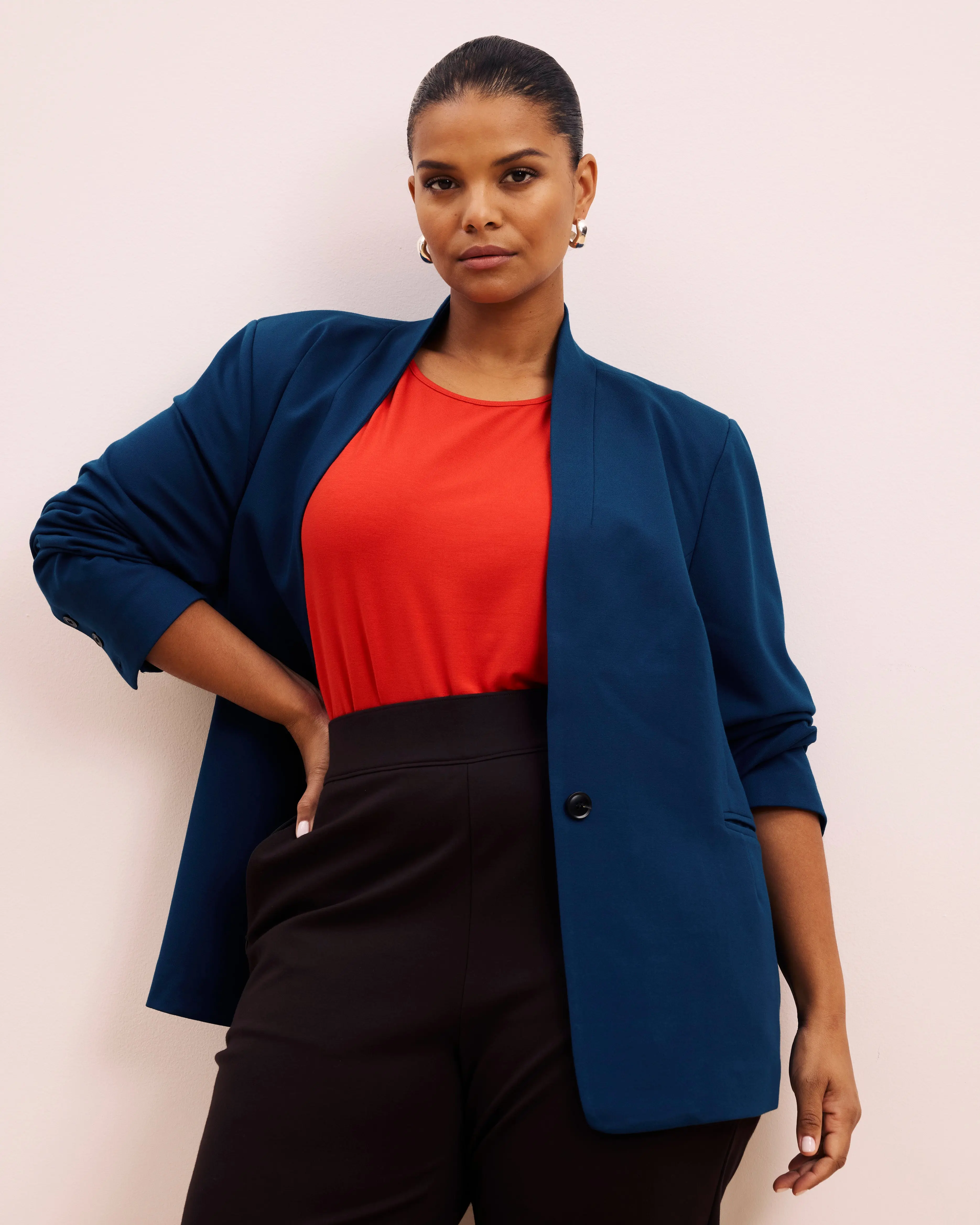 Women's Elegant Collarless Blazer in Classic Soft Ponte Fabric, Deep Teal Jacket with Butterfly Lining, Fits All Body Types, Stretchy, Full Sleeve, Ready To Wear